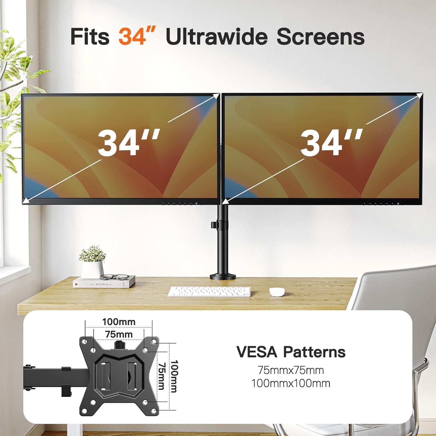 Dual Monitor Desk Mount for 13″–34″ Monitors up to 26.5 lbs, Fully Adjustable Monitor Stand Holds 2 Computer Screens, Heavy-Duty Dual Monitor Arm with C-Clamp & Grommet Base, Black, EGCM13B