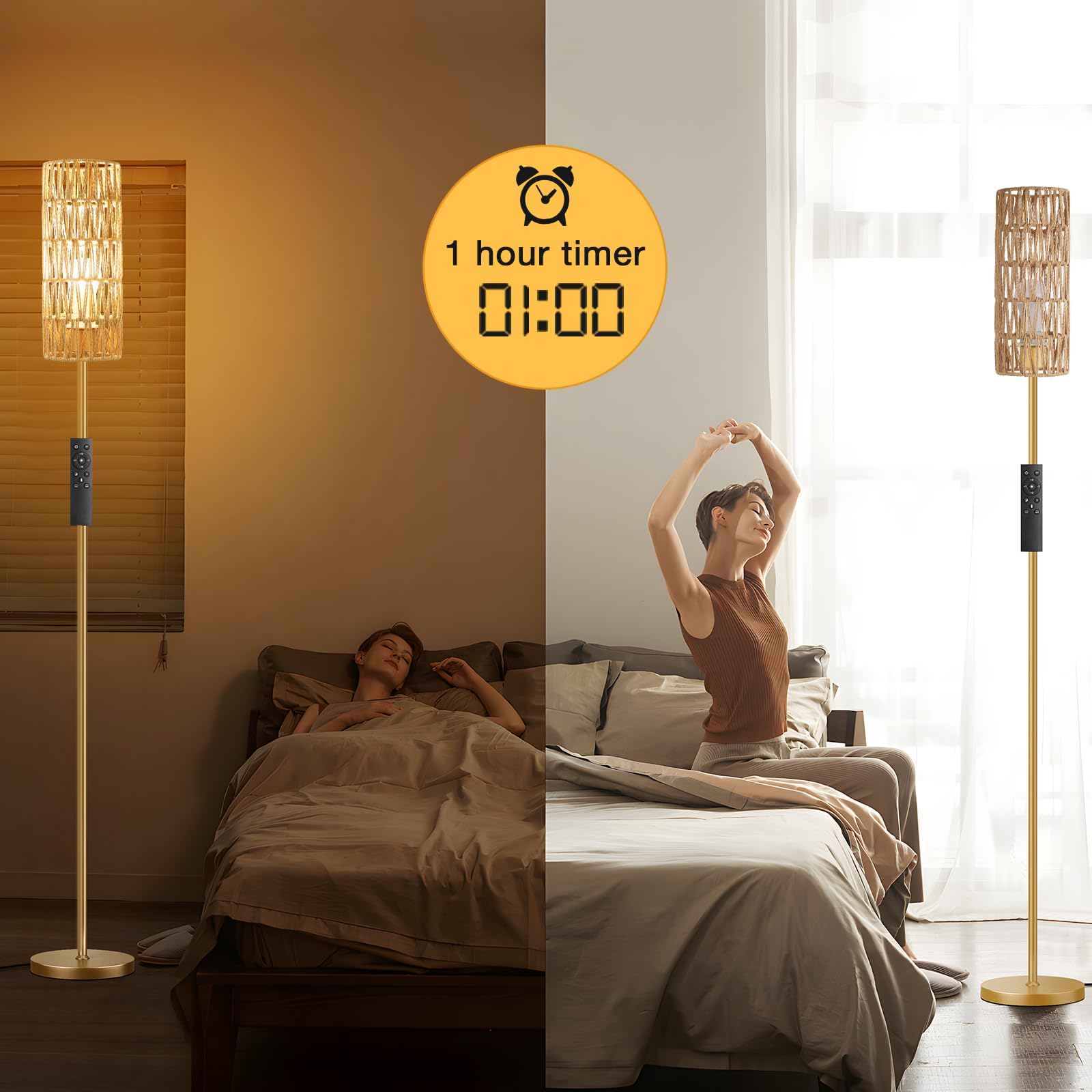 64'' Floor Lamps for Living Room with Remote Control and Stepless Dimmable Colors Temperature & Brightness, Boho Gold Standing Lamp with Beige Rattan Shade