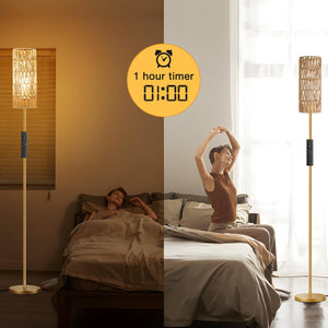 64'' Floor Lamps for Living Room with Remote Control and Stepless Dimmable Colors Temperature & Brightness, Boho Gold Standing Lamp with Beige Rattan Shade