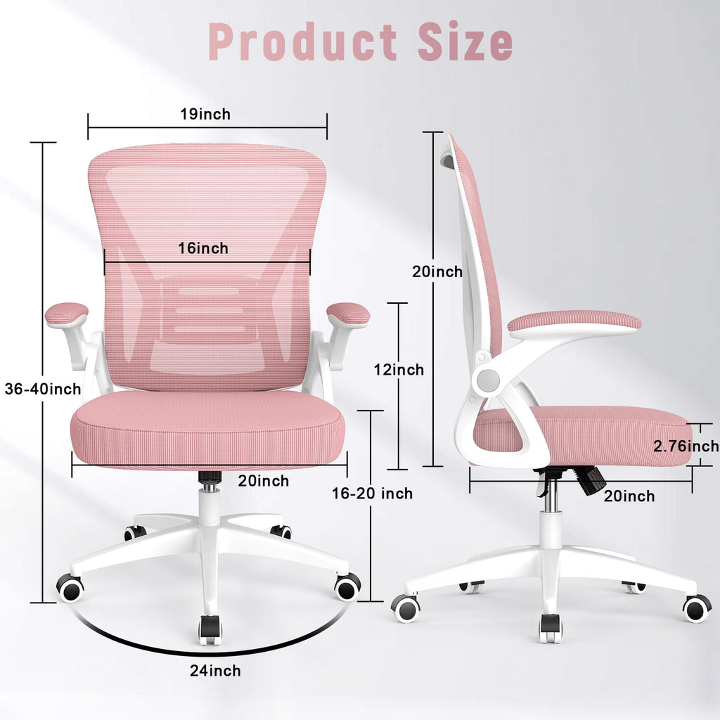 Ergonomic Office Chair, Computer Chair with Adjustable Height, Flip-Up Arms and Lumbar Support, Breathable Mesh Desk Chair for Home Study Working (Without Headrest, Pink)