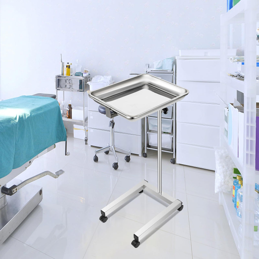 Lab Cart, Stainless Steel Mayo Tray Stand 18 x 14 in Trolley Mayo Stand, Adjustable Height 32-51 in Instrument Tray with Removable Tray & 4 Omnidirectional Wheels, Ideal for Home Equipment