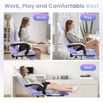 Video Gaming Chair with Footrest Lumbar Support for Home Office High Back Recliner Height Adjustable Ergonomic Comfy Fabric Computer Desk Chair (Purple)