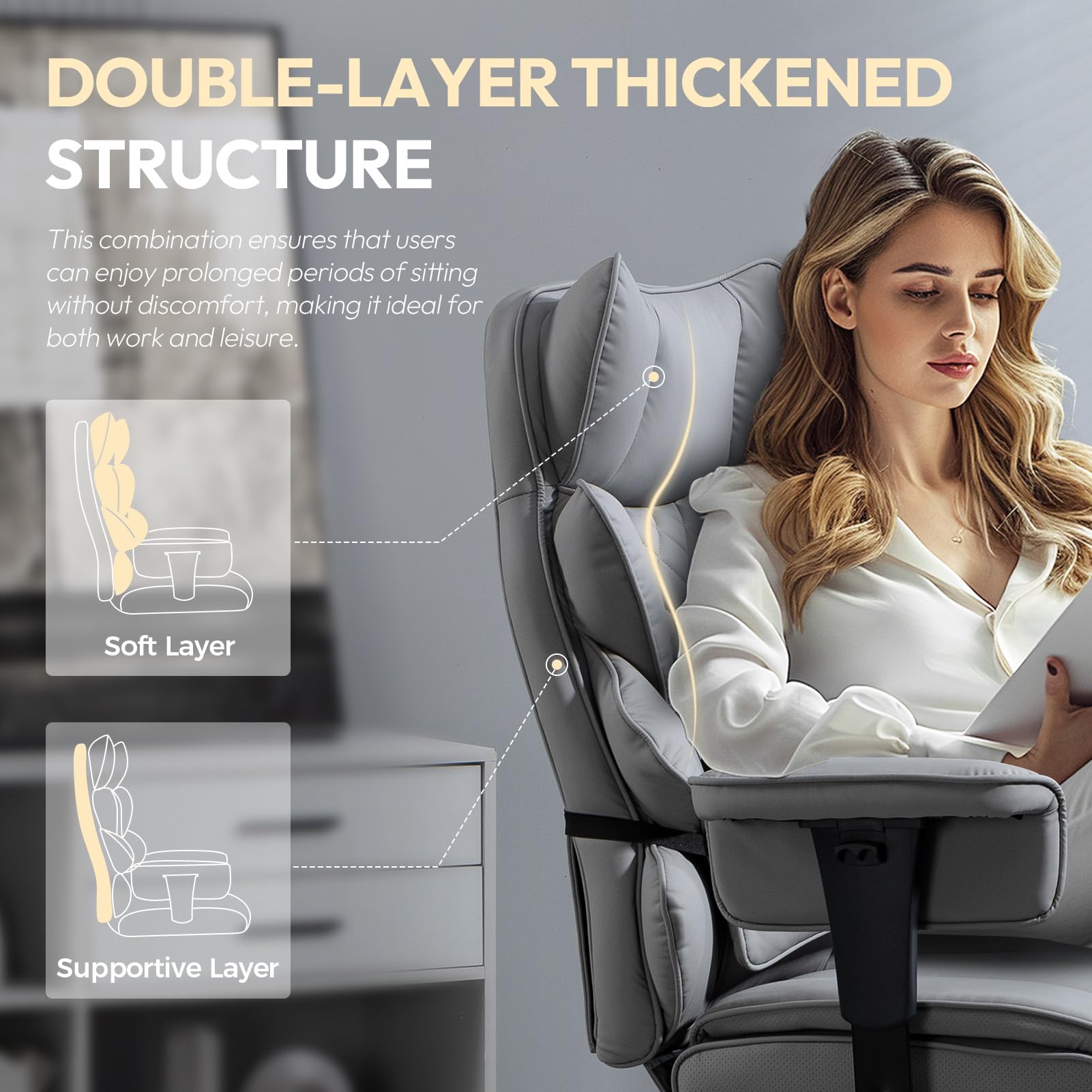Big and Tall Office Chair with Pocket Spring Cushion,High Back Computer Gaming Chairs with Adjustable Armrests and Lumbar Support,Executive Desk Chairs with Footrest(PU Leather,Grey)