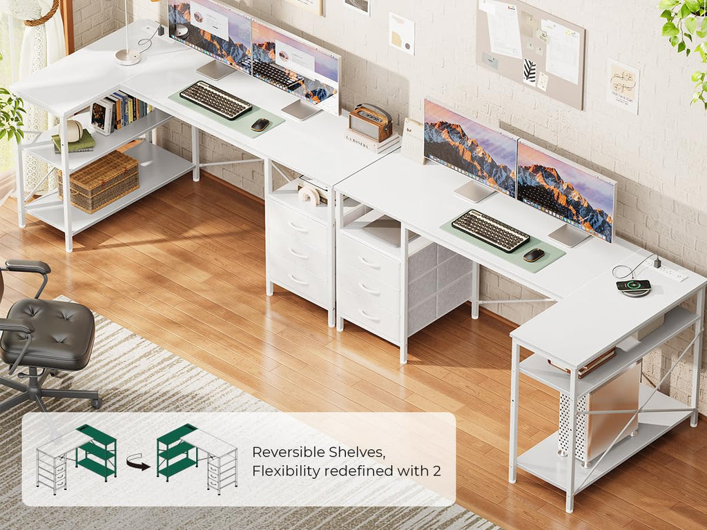 L Shaped Office Desk with Power Outlets, 55 Inch Computer Desk with 3 Drawers, Shelves, Reverisble for Gaming Corner Work Home Office Study, White