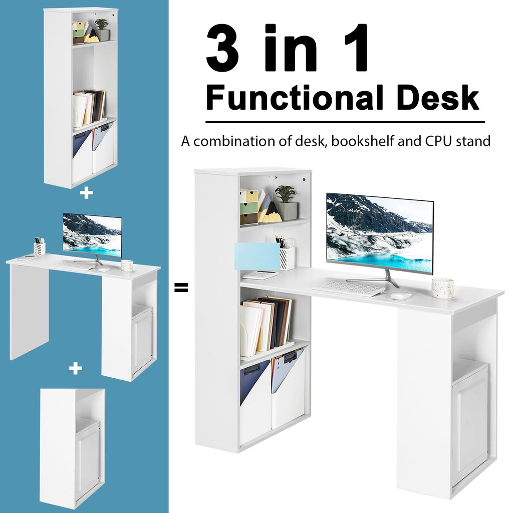 White Computer Desk with Bookshelf, Writing Study Desk with Storage Shelves & CPU Stand, Modern Compact Computer Workstation for Home & Office, Space-Saving Design
