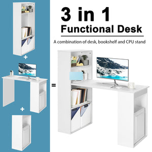 White Computer Desk with Bookshelf, Writing Study Desk with Storage Shelves & CPU Stand, Modern Compact Computer Workstation for Home & Office, Space-Saving Design