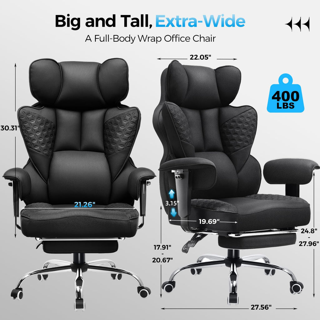 Big and Tall Office Chair Heavy Duty Wide Ergonomic Fabric Deluxe Embossing Designed Gaming Chair with Foot Rest,150°Reclining Adjustable Armrests Pocket Spring Back Support and Pillow
