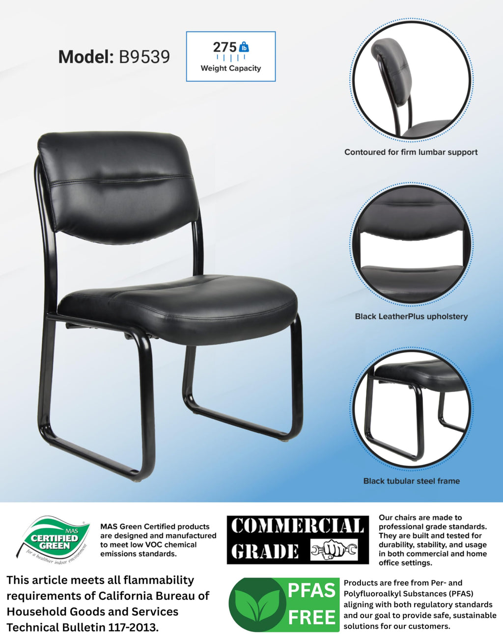 B9539 Leather Sled Base Side Chair in Black, 250