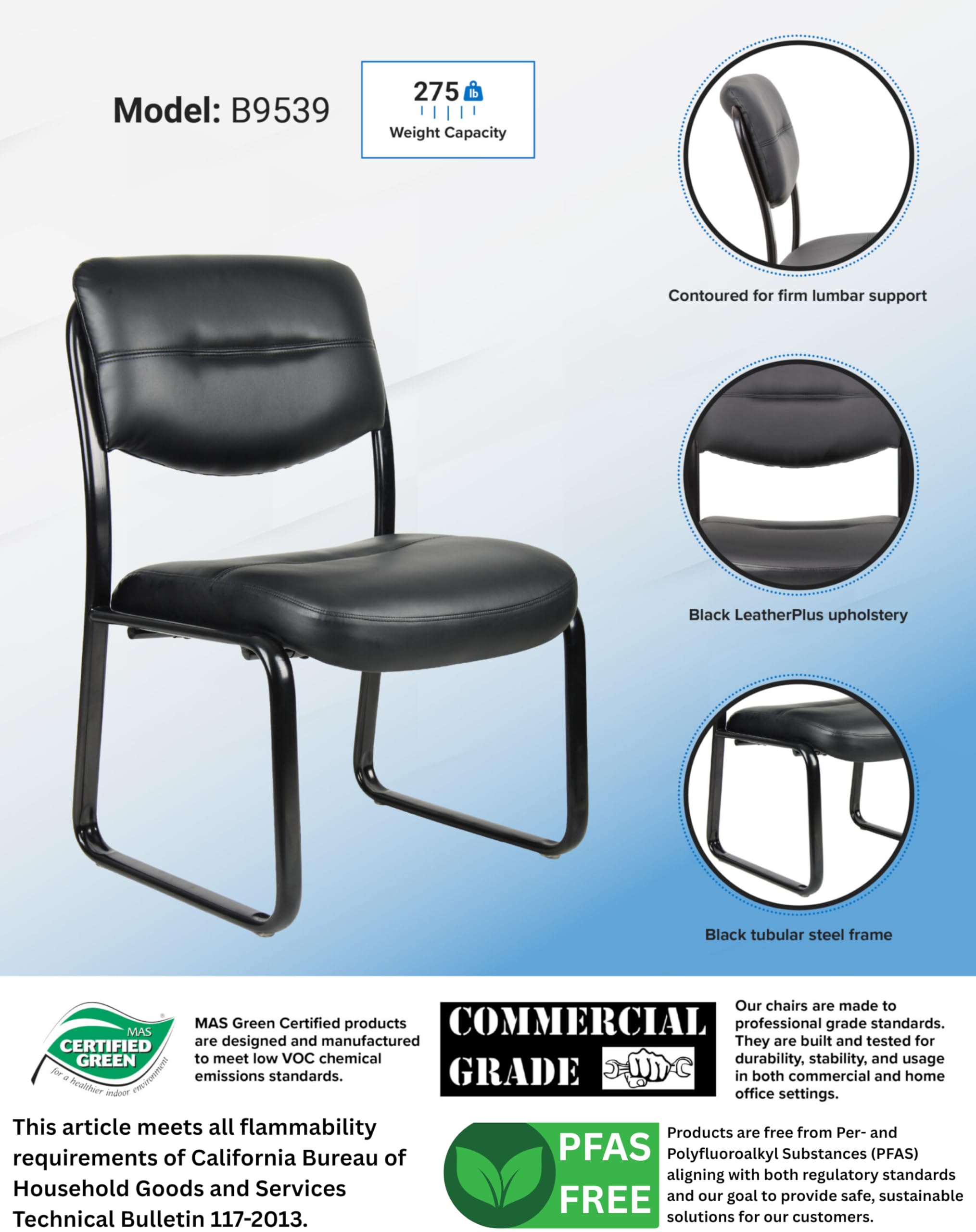 B9539 Leather Sled Base Side Chair in Black, 250