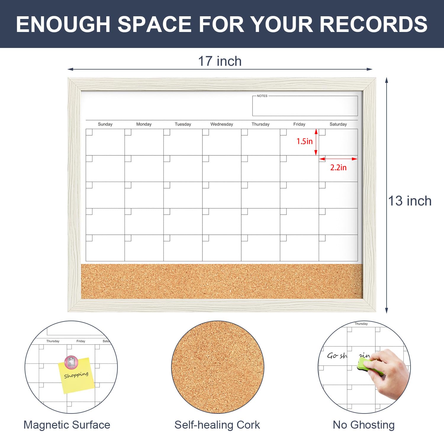 Calendar Whiteboard for Wall, 17x13 Inches Whiteboard Calendar Cork Board Combo, Small Magnetic White Board with Wood Framed, Hanging Dry Erase Board for Kitchen Home Office School Planner
