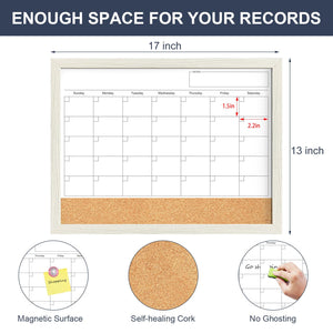 Calendar Whiteboard for Wall, 17x13 Inches Whiteboard Calendar Cork Board Combo, Small Magnetic White Board with Wood Framed, Hanging Dry Erase Board for Kitchen Home Office School Planner
