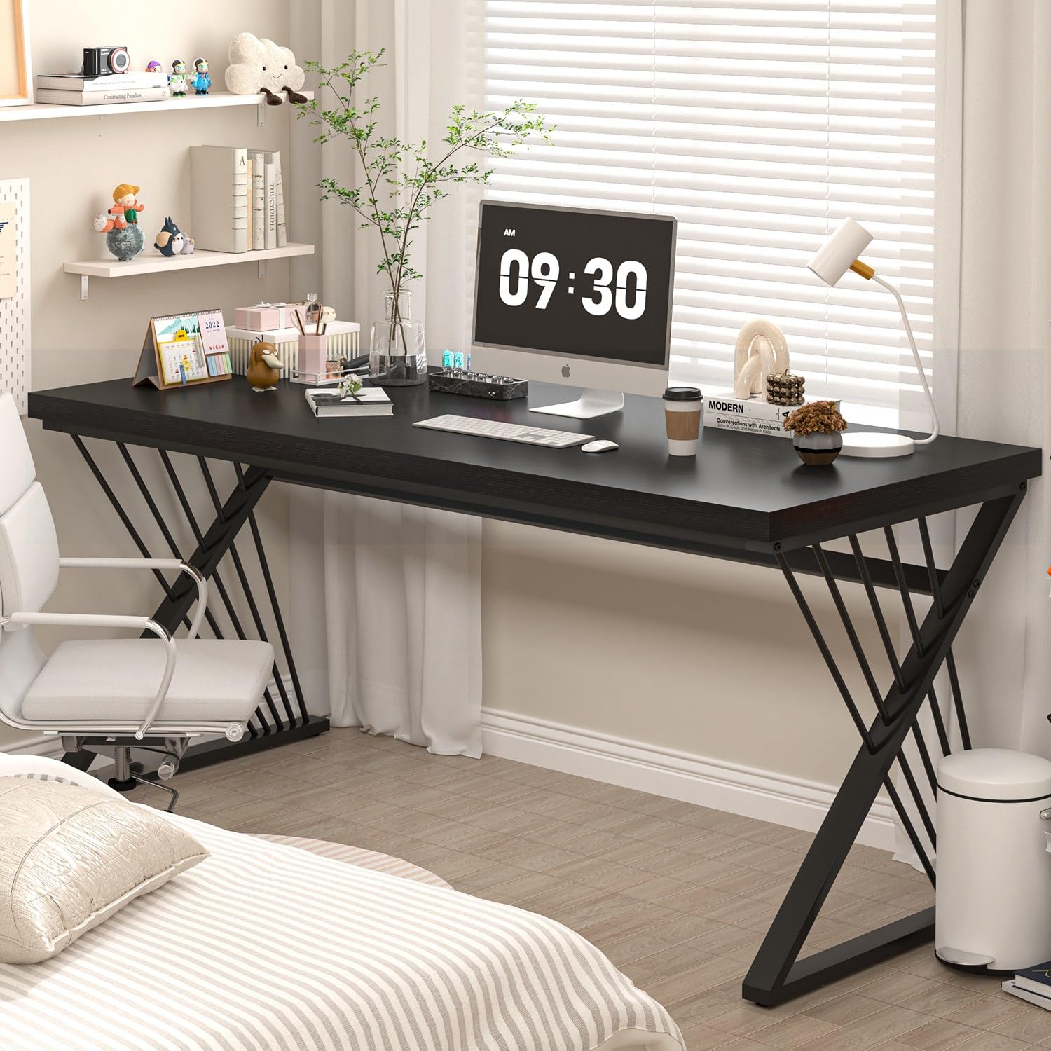Black Desk, Modern Wood and Metal Computer Desks for Home Office, Simple Writing Work PC Desk for Bedroom, Industrial Study Gaming Table for Living Room, 60 Inch