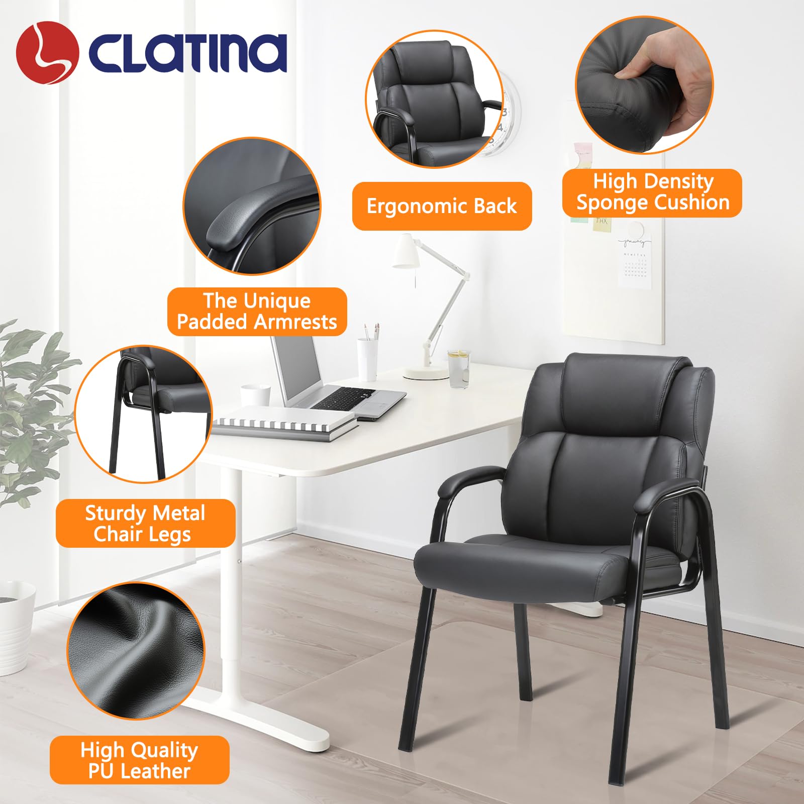 2 Pack, Leather Guest Chair with Padded Arm Rest for Reception Meeting Conference and Waiting Room Side Office Home Black