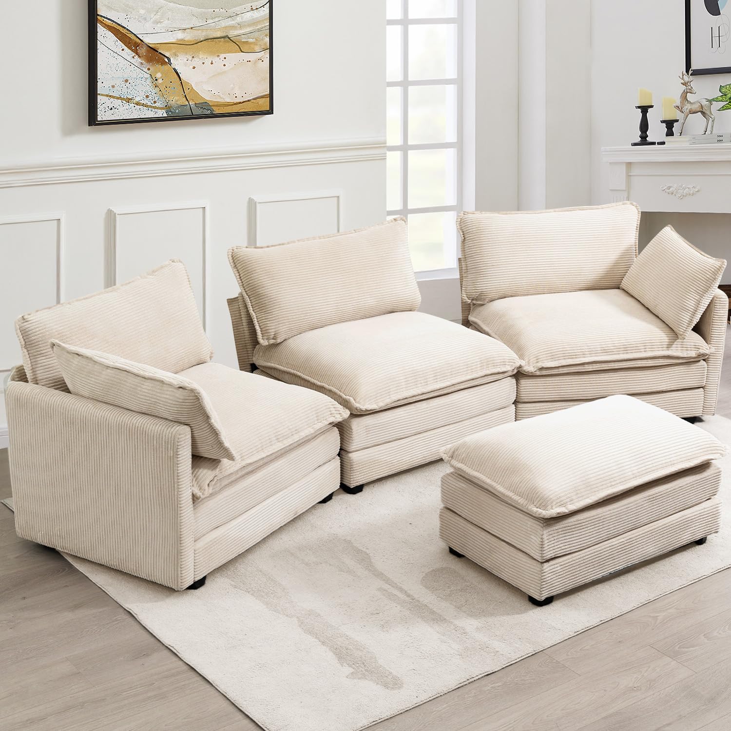 Oversized Modular Sectional Sofa with Movable Ottoman, 112 Inch 4 Seat Modern Corduroy Sofa Set, Convertible L Shaped Couch for Living Room and Office, Beige