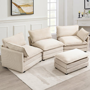 Oversized Modular Sectional Sofa with Movable Ottoman, 112 Inch 4 Seat Modern Corduroy Sofa Set, Convertible L Shaped Couch for Living Room and Office, Beige