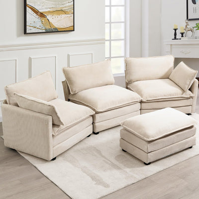 Oversized Modular Sectional Sofa with Movable Ottoman, 112 Inch 4 Seat Modern Corduroy Sofa Set, Convertible L Shaped Couch for Living Room and Office, Beige