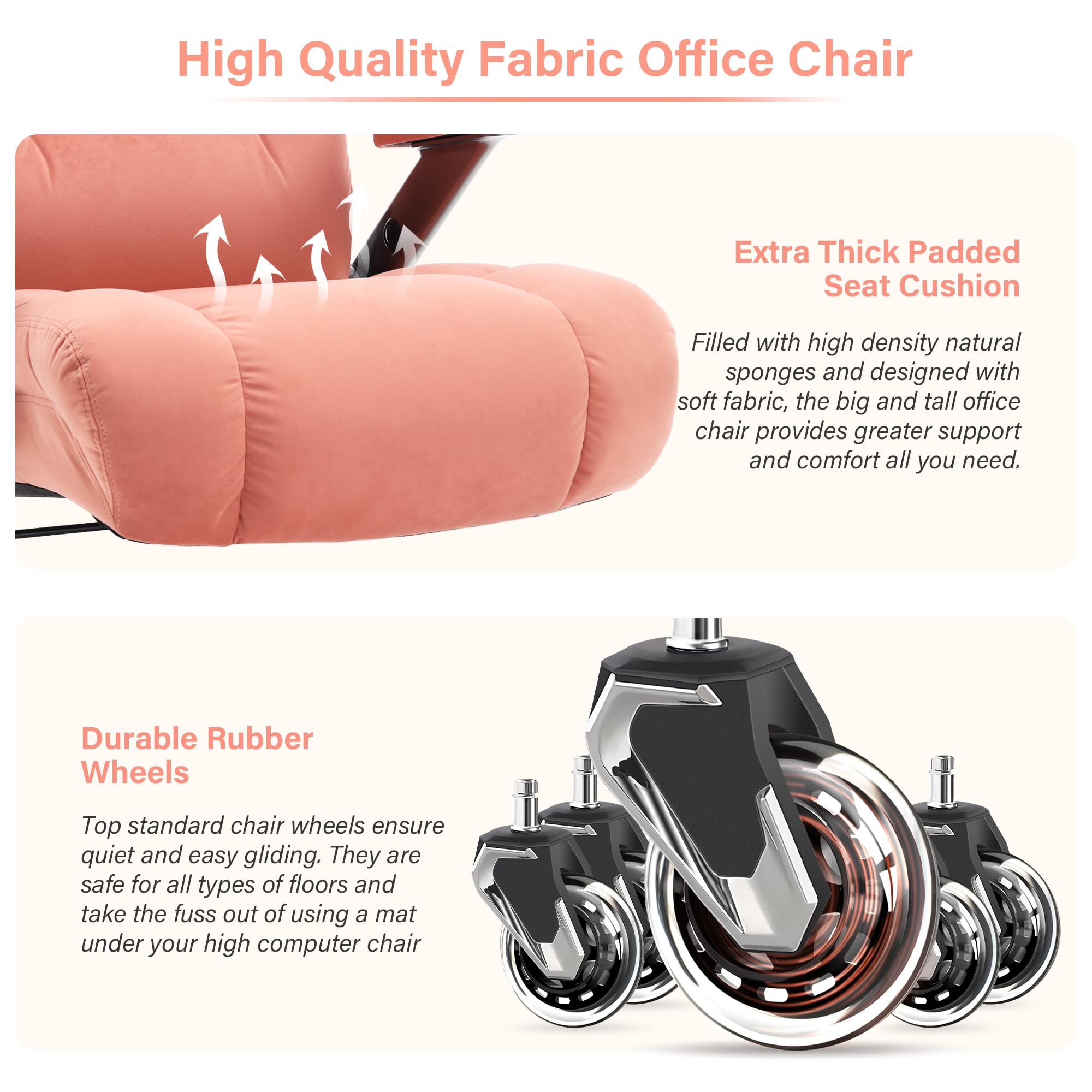 Big and Tall Office Chair 700lbs- Executive Desk Chair with Adjustable Lumbar Support 3D Flip UP Arms- Heavy Duty Quiet Wheels Metal Base Ergonomic Computer Chairs, Pink