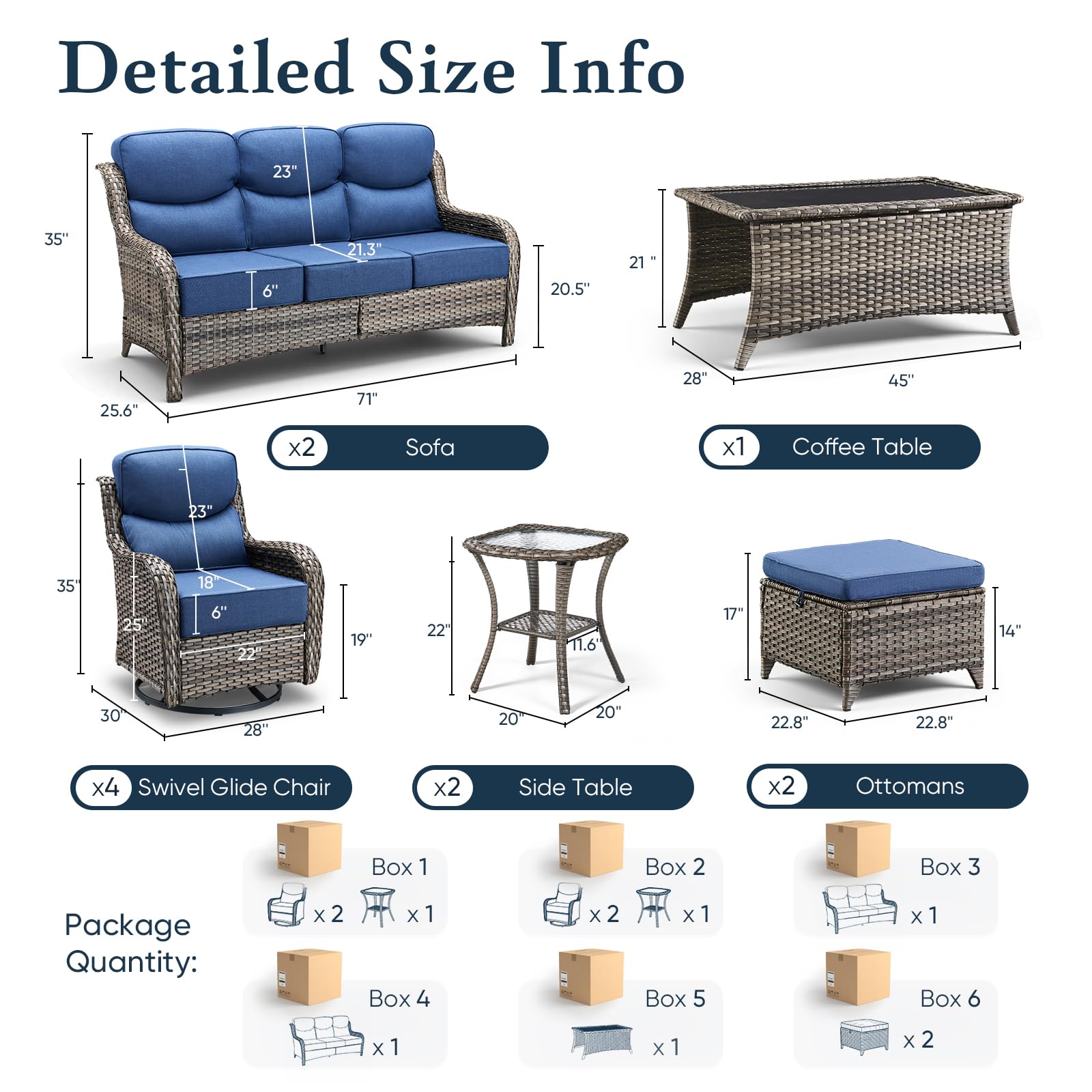 Luxury 6" Thick Cushioned 11 Pieces Patio Furniture Set with Outdoor Couch, Wicker Outdoor Conversation Set with High Back Swivel Rocker Chairs for Deck Porch Yard and Poolside - Grey+Blue