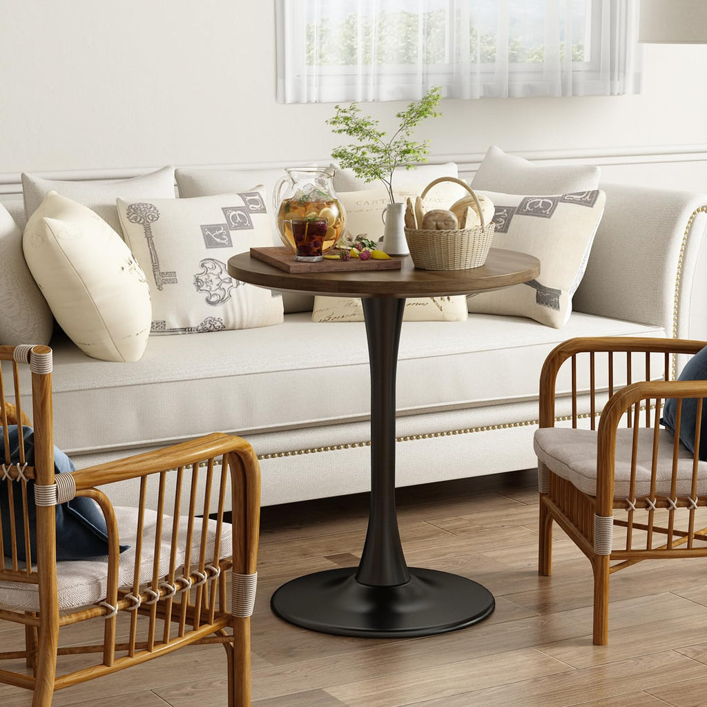 Round Dining Table 24" Circle Tulip Table with Wood Thickened Tabletop & Sturdy Metal Pedestal Mid Century Modern Farmhouse Kitchen Tables 2 People Small Places Living Room Cafe,Somber Walnut
