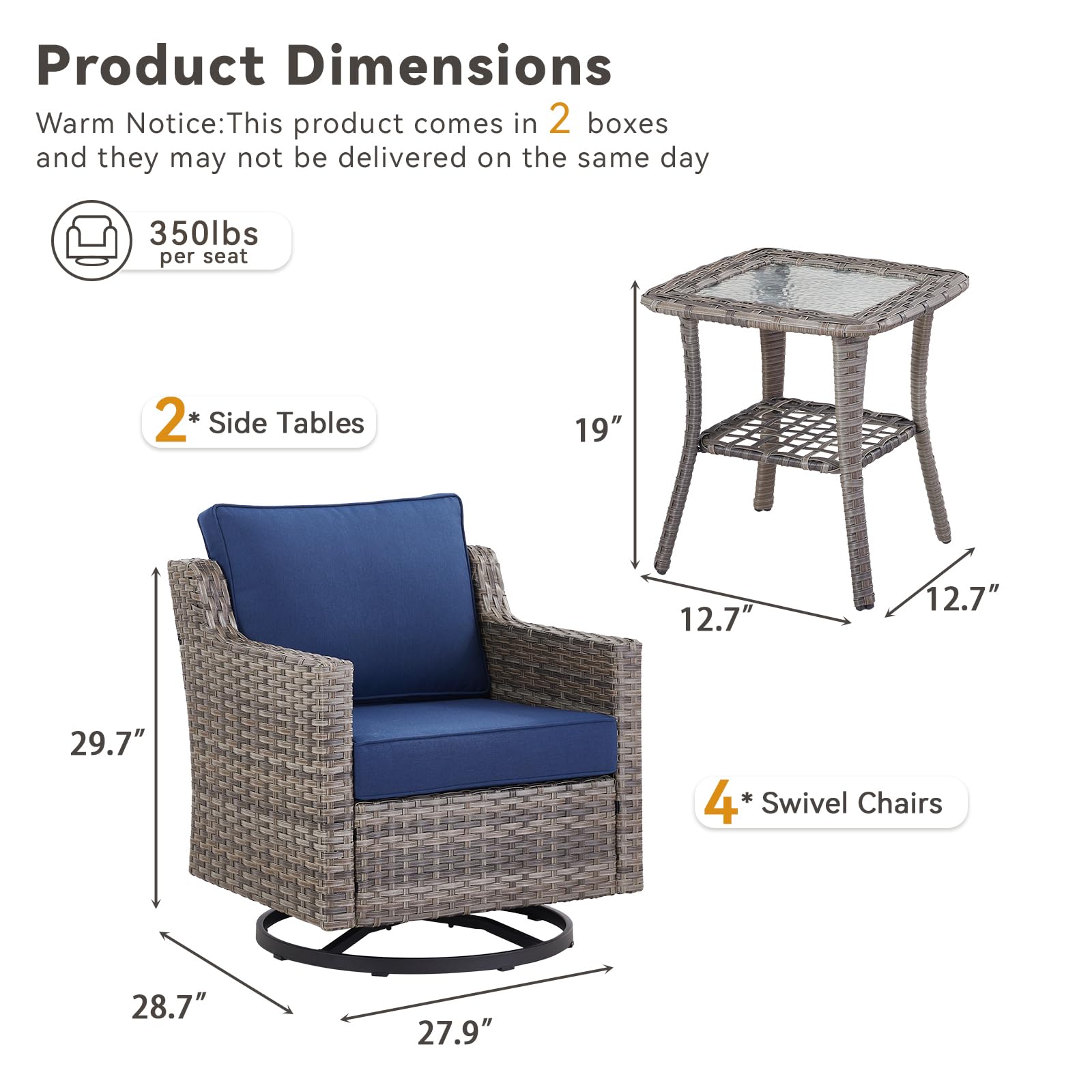 Patio Wicker Chairs Swivel Rocker-Outdoor Swivel Rocker Chair Set of 4 with All Weather Wicker Glider Rocker Set, PE Rattan Swivel Rocking Chair with 2 Side Table for Balcony Deck Porch Grey/Blue