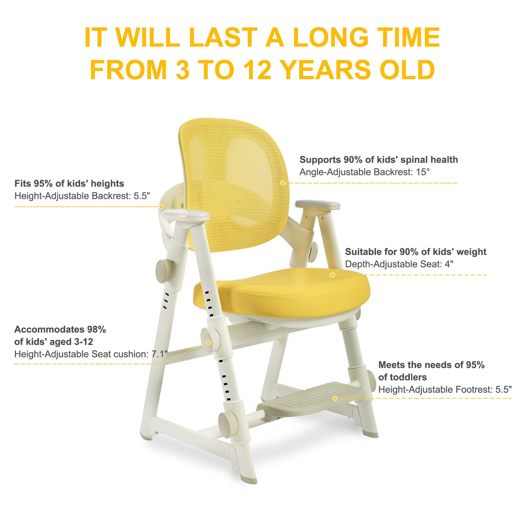 Ergonomic Kids' Study Chair, Height Adjustable Kids Desk Chair for Boys Girls,Comfortable for Teenagers Playing, Drawing, Ideal Gift for Children,Students（Yellow）