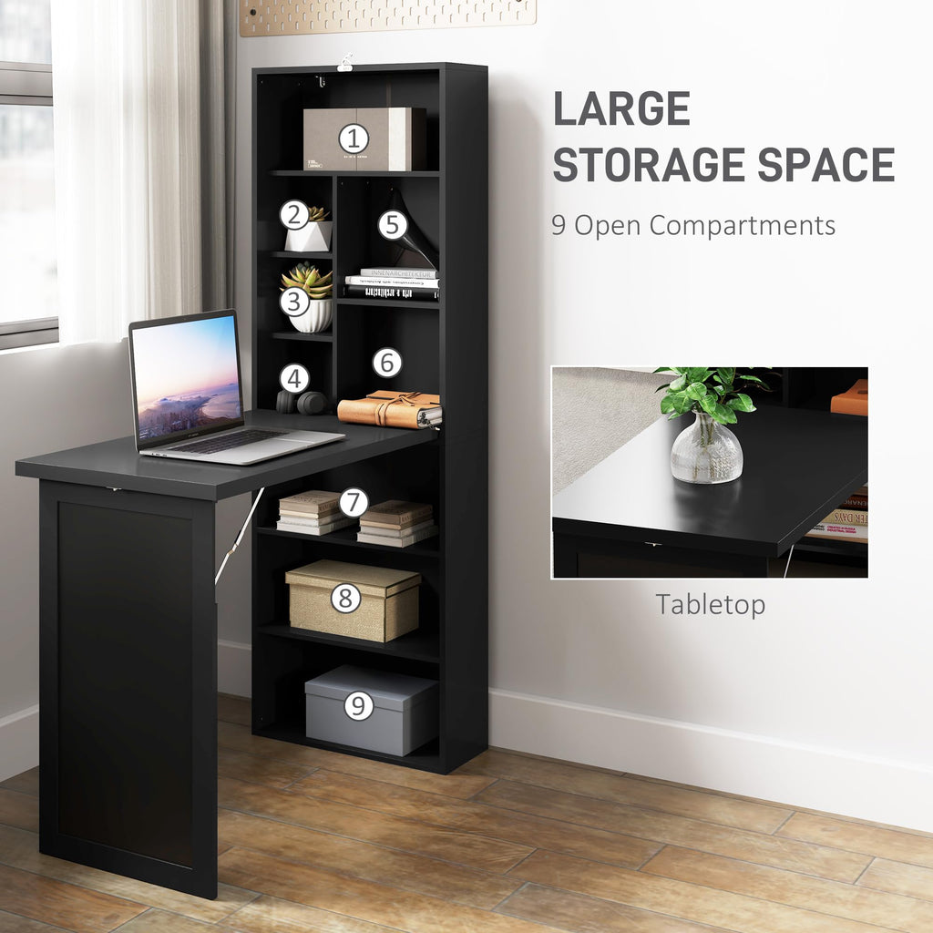 Fold-Out Convertible Writing Table, Computer Desk with Blackboard and Side Shelf Multi-Function Home Office Workstation, Black