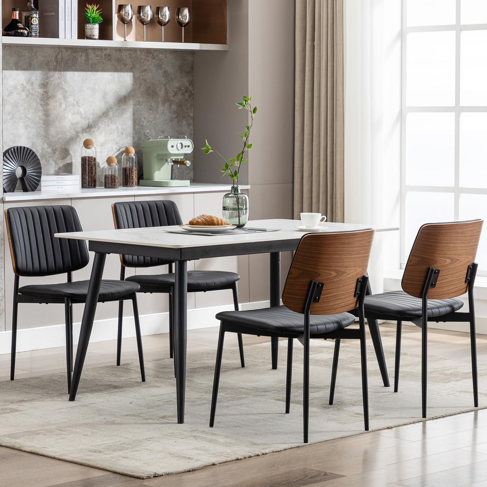 Black Leather Dining Chairs Set of 4,Mid Century Modern Dining Chairs with Upholster Seat,Armless Kitchen Chairs with Metal Legs Adjustable Foot for Dining Room（Walnut Black）