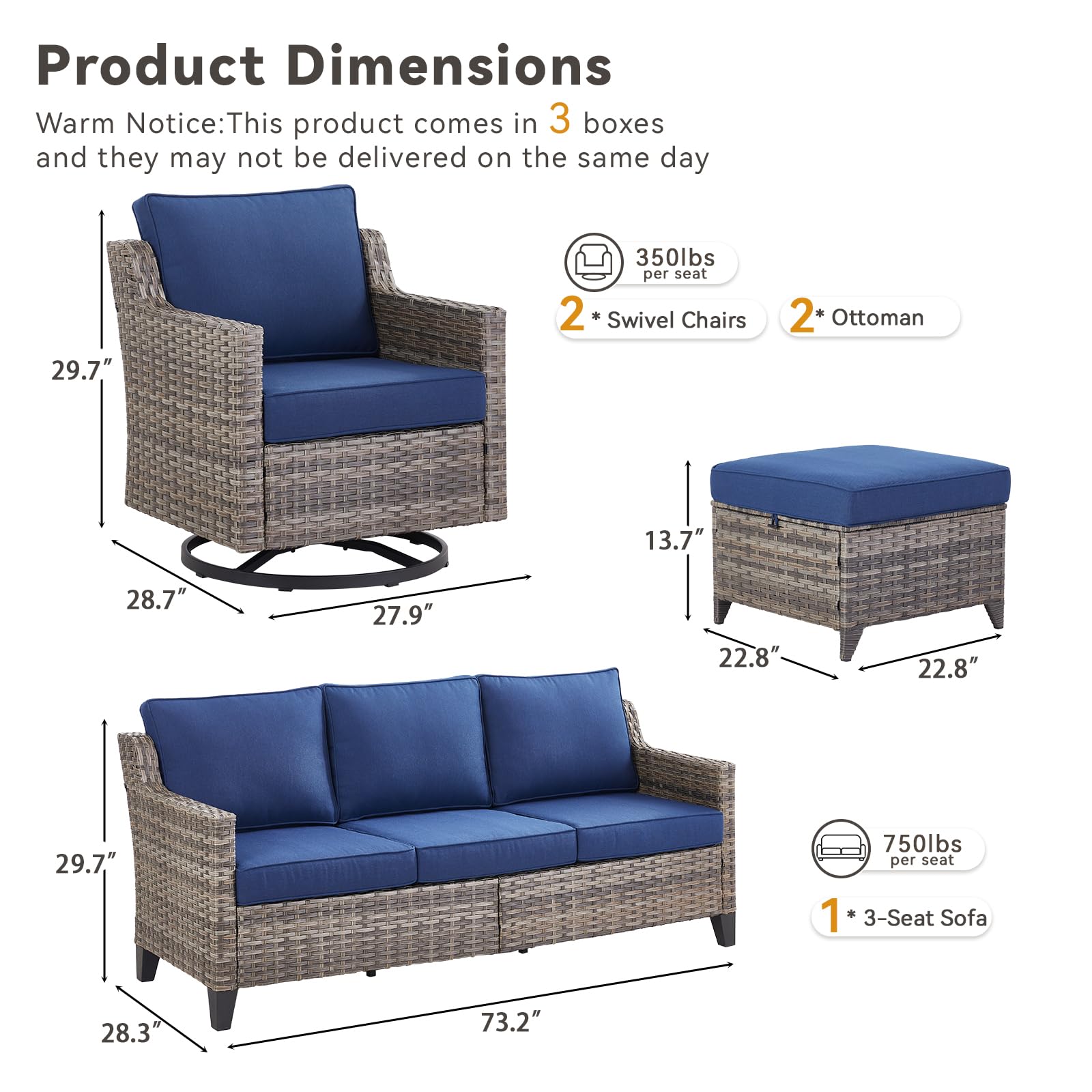 Outdoor Patio Furniture Set-5 Pieces All-Weather Wicker Outdoor Furniture with Swivel Patio Chairs Outdoor Patio Conversation Sets for Garden Porch Deck Grey/Blue