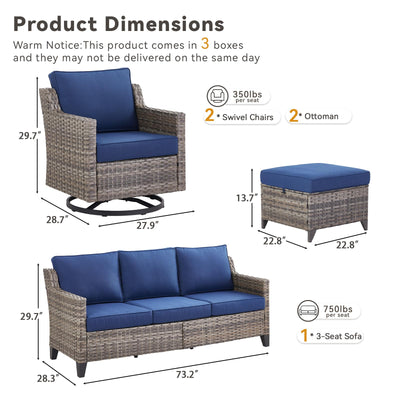 Outdoor Patio Furniture Set-5 Pieces All-Weather Wicker Outdoor Furniture with Swivel Patio Chairs Outdoor Patio Conversation Sets for Garden Porch Deck Grey/Blue