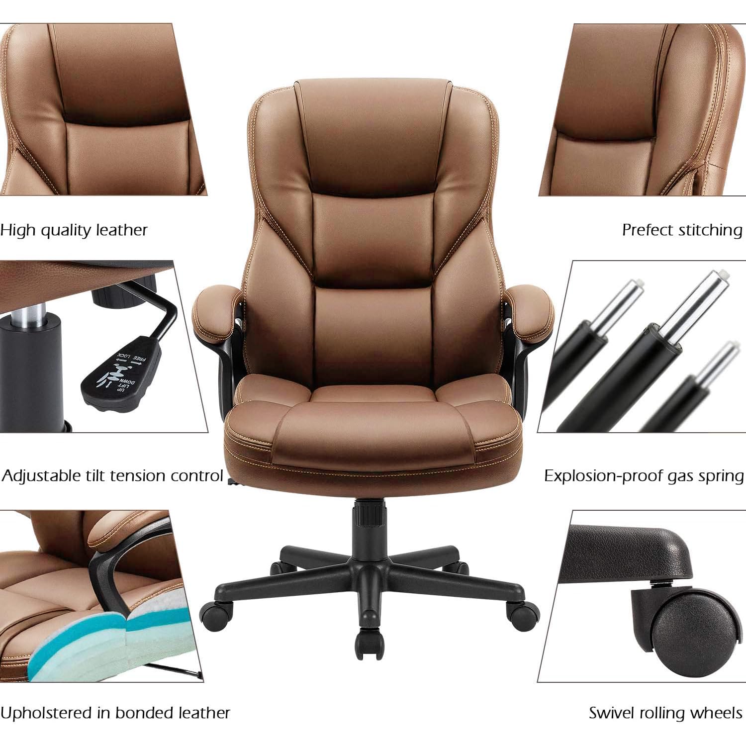 Office Executive Chair High Back Adjustable Managerial Home Desk Chair, Swivel Computer PU Leather Chair with Lumbar Support (1, Light Brown)