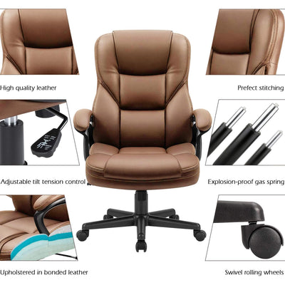 Office Executive Chair High Back Adjustable Managerial Home Desk Chair, Swivel Computer PU Leather Chair with Lumbar Support (1, Light Brown)