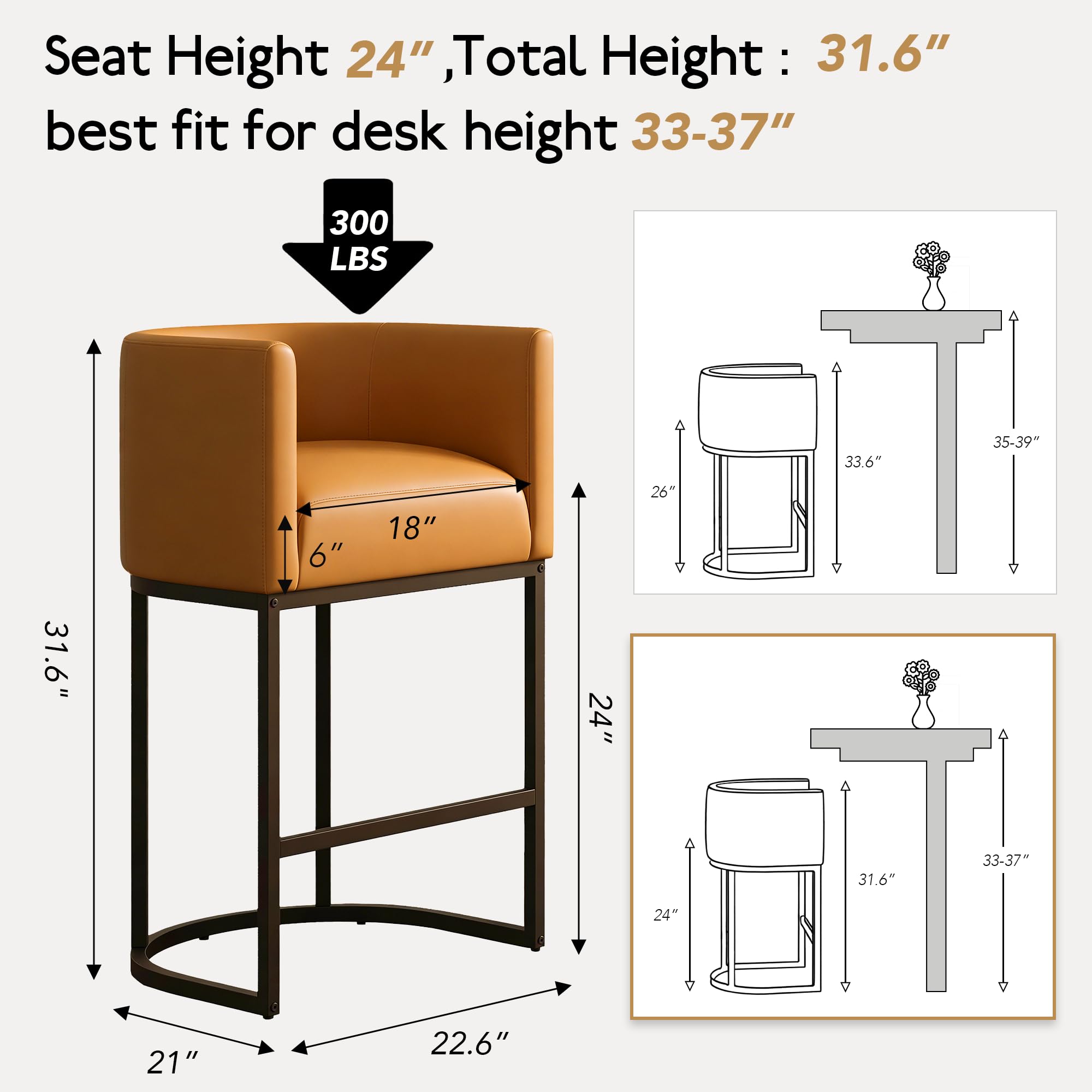Modern Counter Height Bar Stools,Bar Stools Set of 1,PU Leather Upholstered Barrel Barstools with Backs,24'' Kitchen Island Chairs,Metal Black Frames,Camel Brown Leather