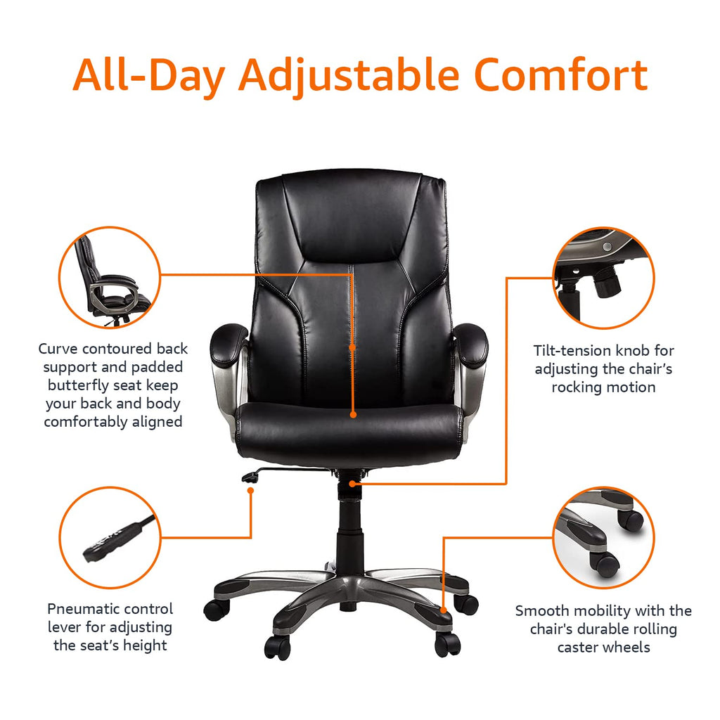 Executive High Back Office Chair, Adjustable Height, Tilt, Swivel, Padded Seat, Bonded Leather, Wheels, Black/Silver