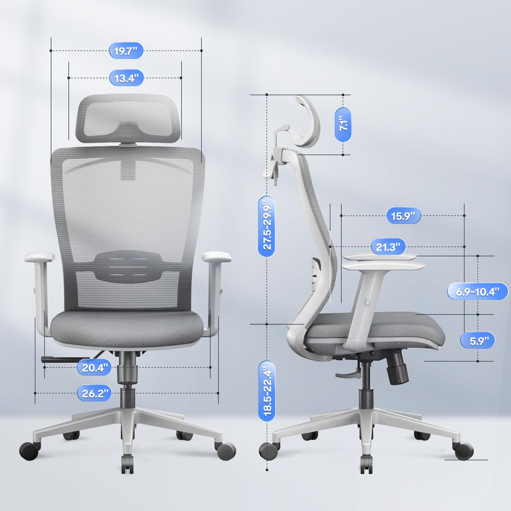 Ergonomic Office Chair, High Back Home Office Desk Chairs with Adjustable Lumbar Support, Armrests,90-130° Tilt Lock, Swivel Computer Gaming Chairs for Adults, OC3 Cloud, Light Gray
