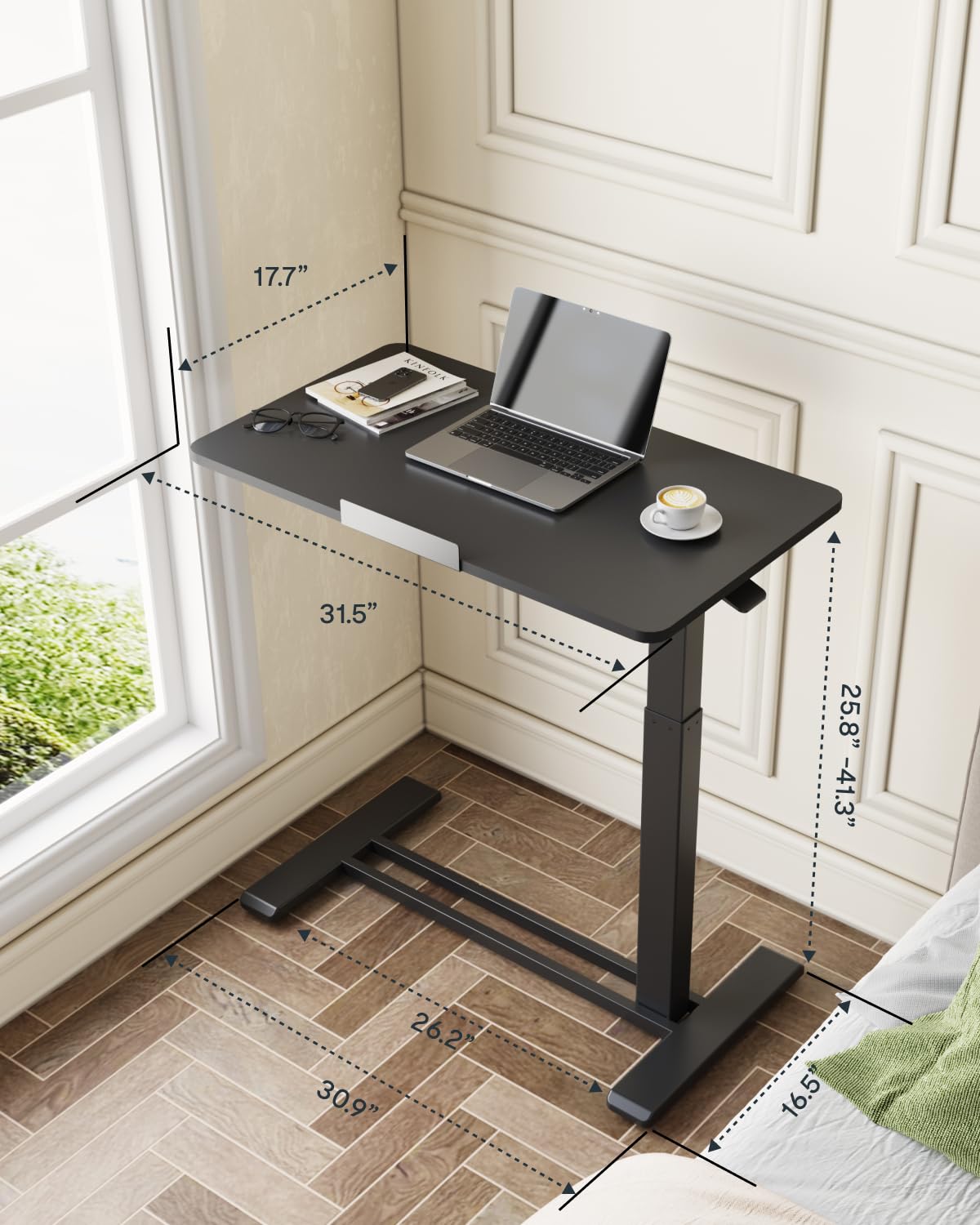 H7 PRO Mobile Standing Desk Adjustable Overbed Table Pneumatic with Wheels 90°Tiltable Portable Laptop Desk Rolling Computer Cart Foldable Bedside Table(31.5" W x 17.7" D D, Black)