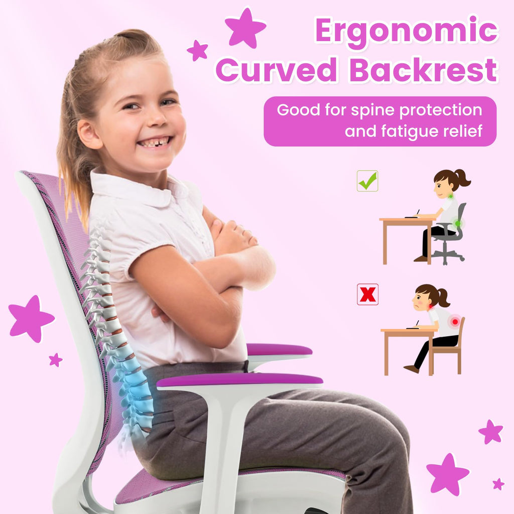 Kids Desk Chair, Height Adjustable Children Study Computer Chair with Armrests, Sit-Brake Casters, Swivel Mesh Task Chair for Boys Girls Teens Students, Kids Chair for Home, Office (Purple)