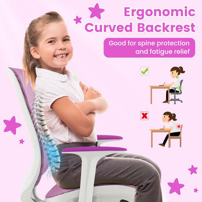 Kids Desk Chair, Height Adjustable Children Study Computer Chair with Armrests, Sit-Brake Casters, Swivel Mesh Task Chair for Boys Girls Teens Students, Kids Chair for Home, Office (Purple)