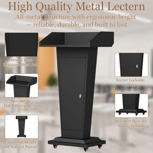 Podium Stand with 4 Locking Wheels, Heavy-Duty Metal Lectern for Church, School, Office, and Conference, Large Lockable Storage Cabinet, 43.7