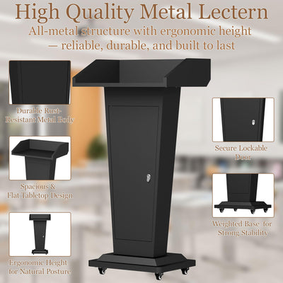 Podium Stand with 4 Locking Wheels, Heavy-Duty Metal Lectern for Church, School, Office, and Conference, Large Lockable Storage Cabinet, 43.7