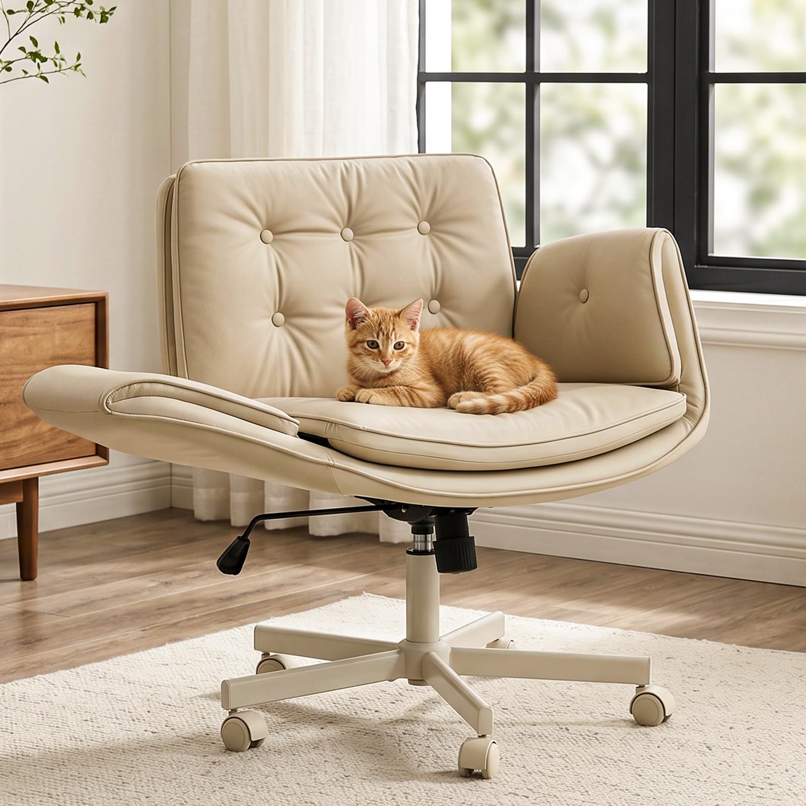 Criss Cross Chair with Armrests & Wheels, PU Leather Vanity Chair, Comfortable Adjustable Swivel Computer Office Desk Chairs for Home, Make Up, Bed Room (Cream White)