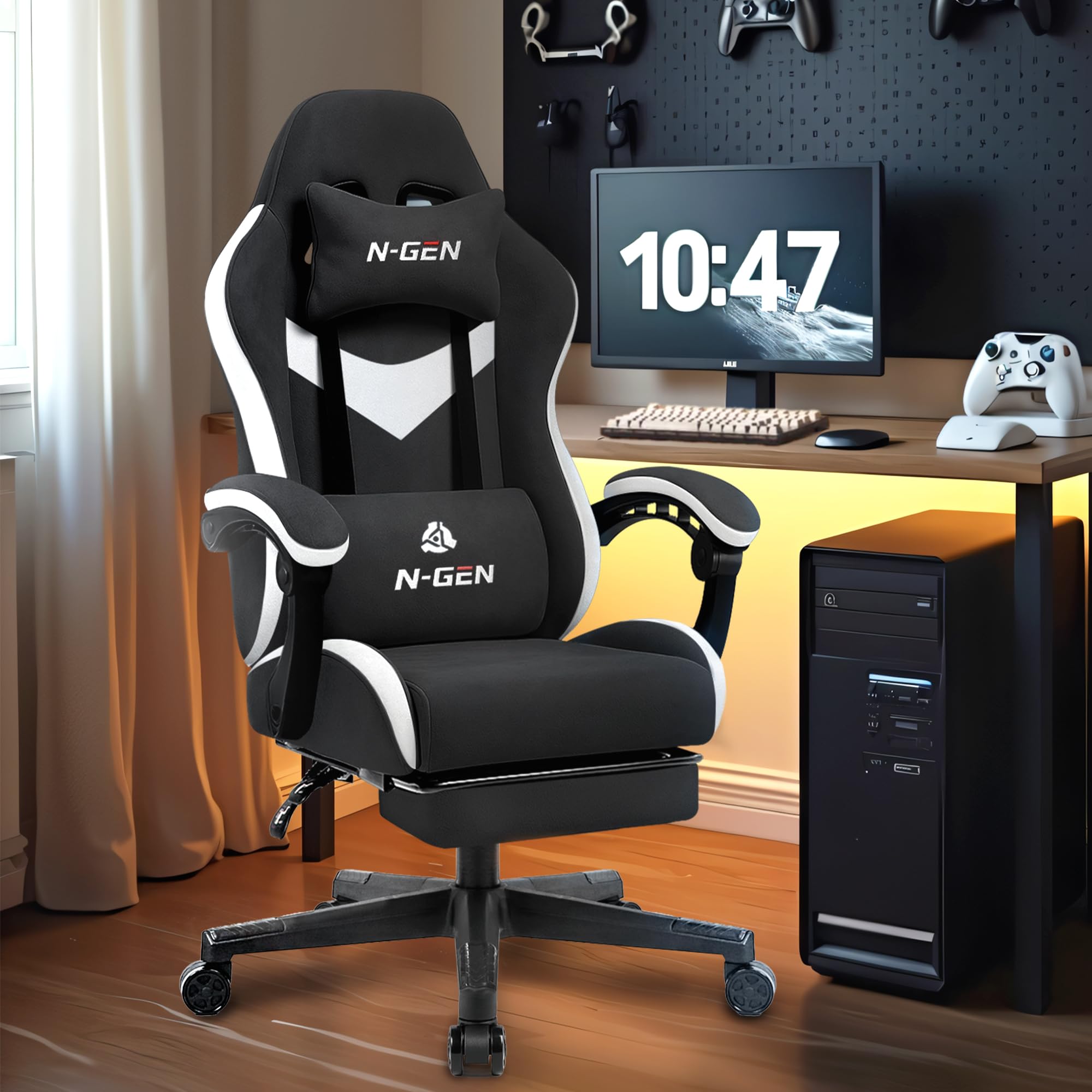 Video Gaming Chair with Footrest Lumbar Support for Home Office High Back Recliner Height Adjustable Ergonomic Comfy Fabric Computer Desk Chair (Black)