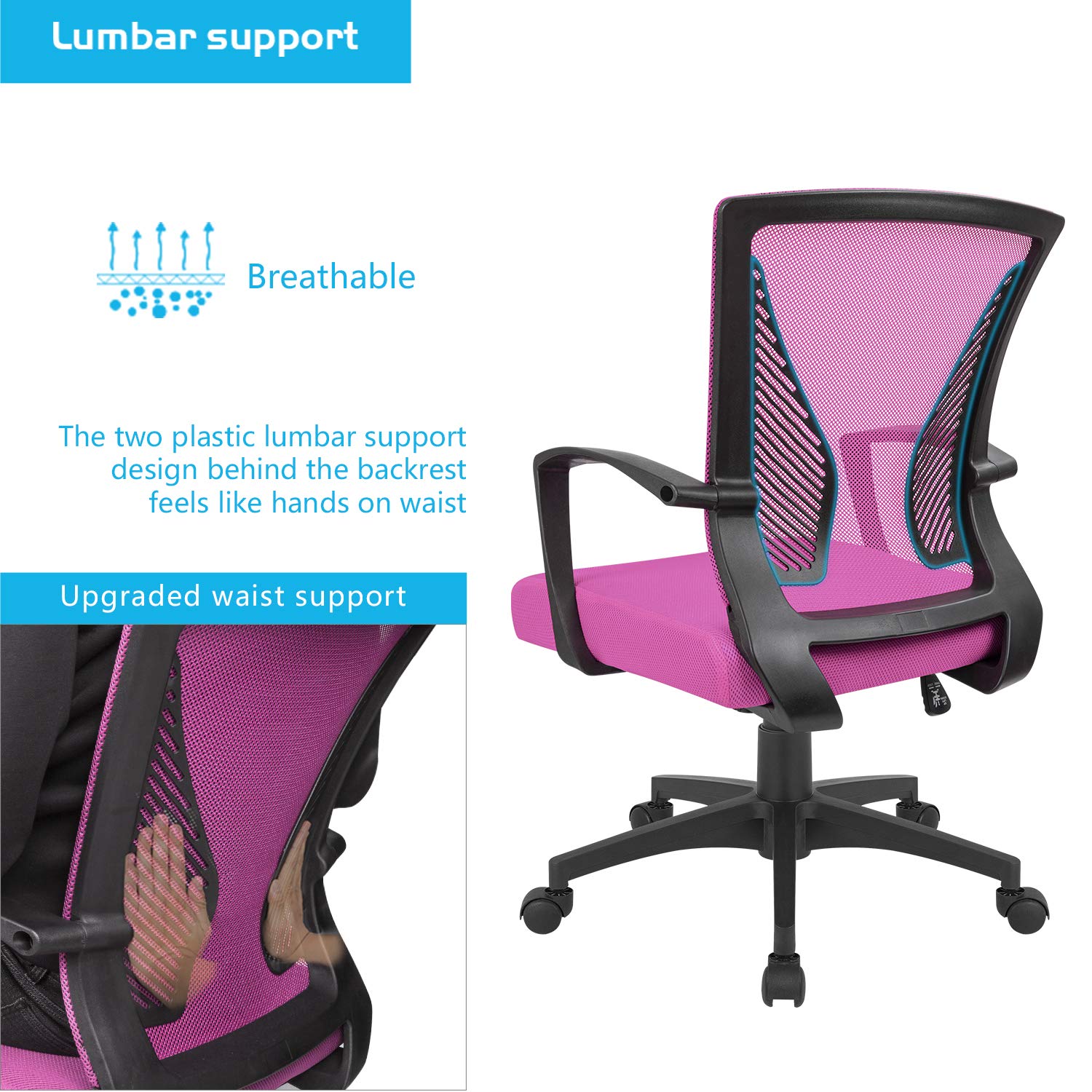 Office Chair Ergonomic Computer Desk Mesh Chair Mid Back Swivel Lumbar Support with Armrest (1, Pink)