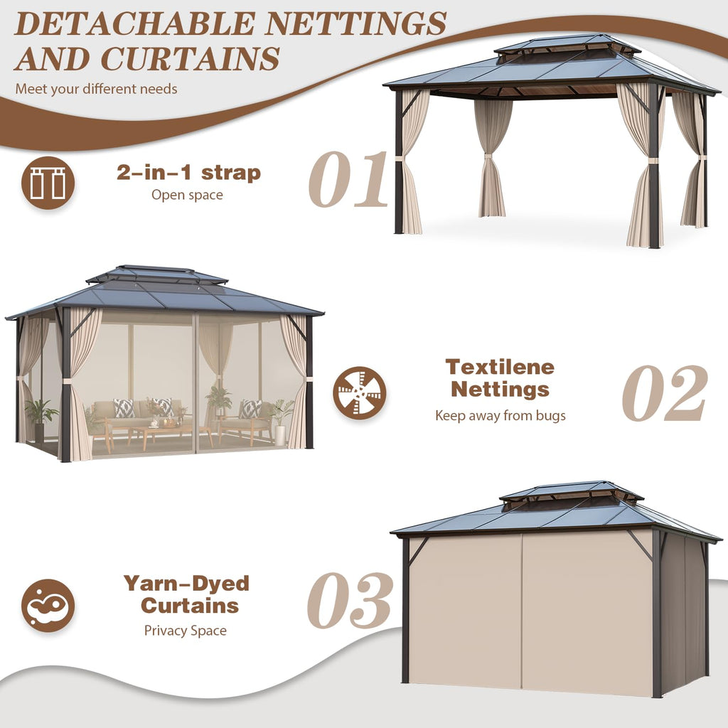 12'x16' Gazebo Polycarbonate Double Roof Pavilion Gazebo Outdoor Aluminum Frame Canopy with Netting and Curtains for Garden Patio Lawns Parties