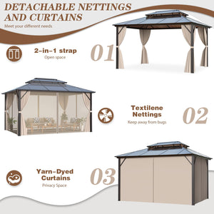 12'x16' Gazebo Polycarbonate Double Roof Pavilion Gazebo Outdoor Aluminum Frame Canopy with Netting and Curtains for Garden Patio Lawns Parties