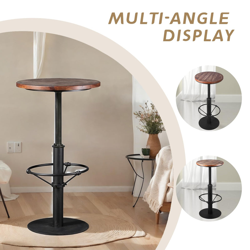 42" Tall Rustic Industrial Bar Table-19.68" Dia Round Wooden Top Metal Bar Height Adjustable Standing Pub Table-Dining Room Bistro Table-Cocktail Table