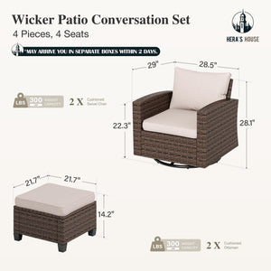 Patio Wicker Chairs Outdoor Swivel Rocker Chairs Set with Ottomans, 4 Piece Outdoor Seating Furniture Conversation Sets for Lawn Deck Porch Pool, Brown/Beige