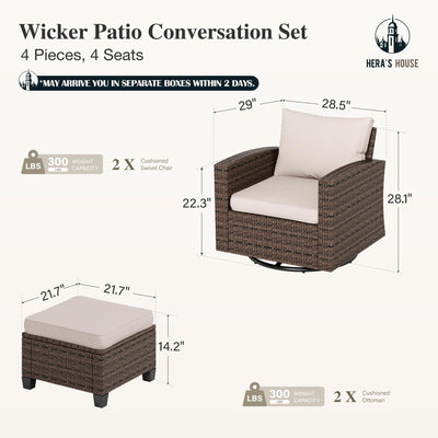 Patio Wicker Chairs Outdoor Swivel Rocker Chairs Set with Ottomans, 4 Piece Outdoor Seating Furniture Conversation Sets for Lawn Deck Porch Pool, Brown/Beige