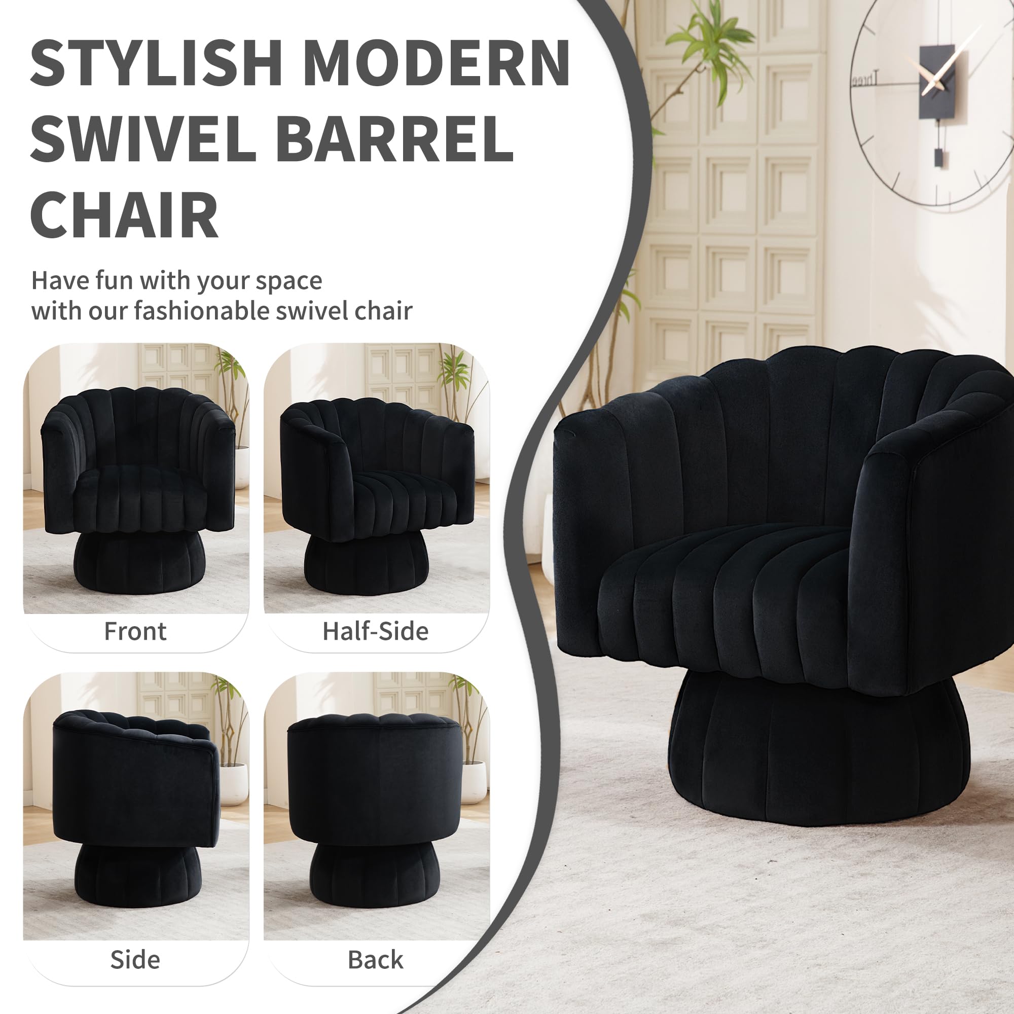 Swivel Accent Barrel Round Chair - Comfy 360° Arm Chairs Cute Small Sofa Club Velvet Reading Chair for Living Room Bedroom Office - Black
