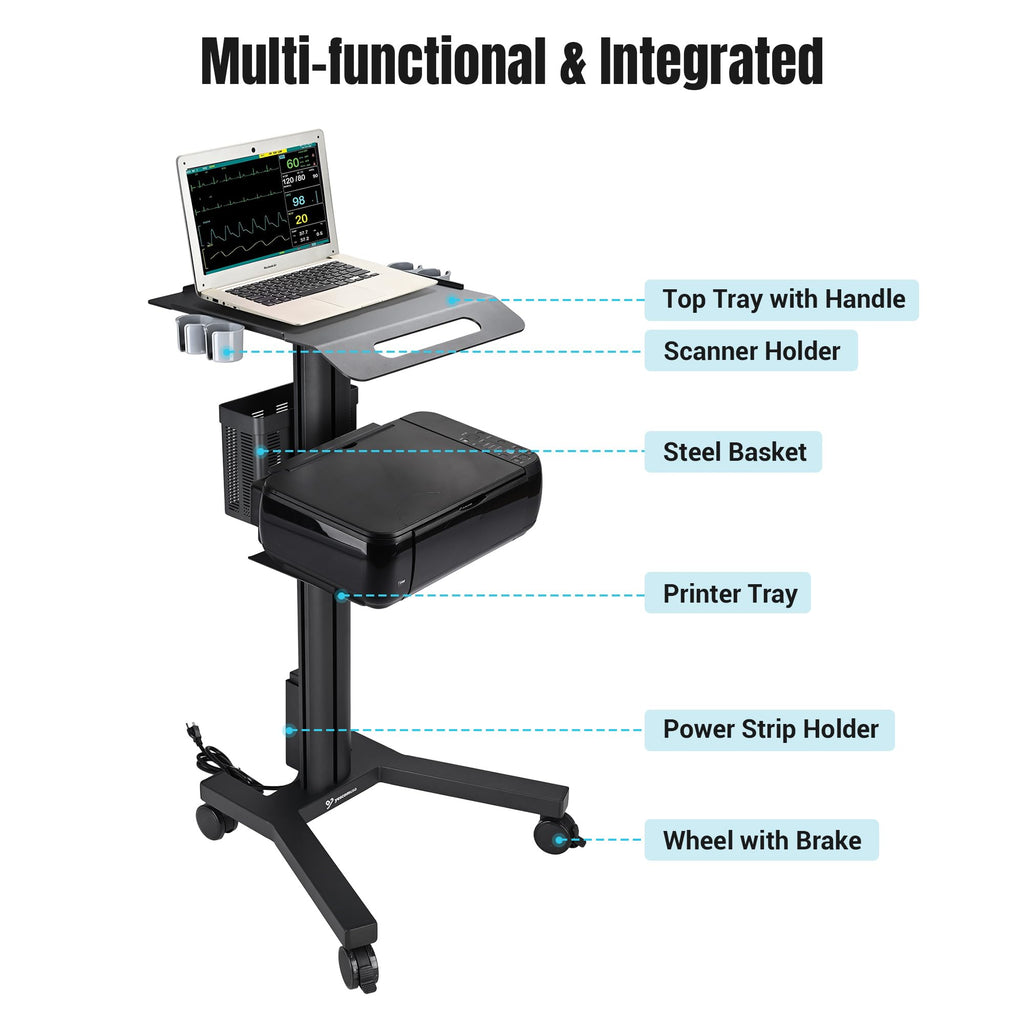 Mobile Laptop Cart Medical Rolling PC Stand Computer Workstation on Wheels with Handle 220 Lbs Capacity CPU Printer Power Strip Holder for Lap School Office Salon Spa Dental
