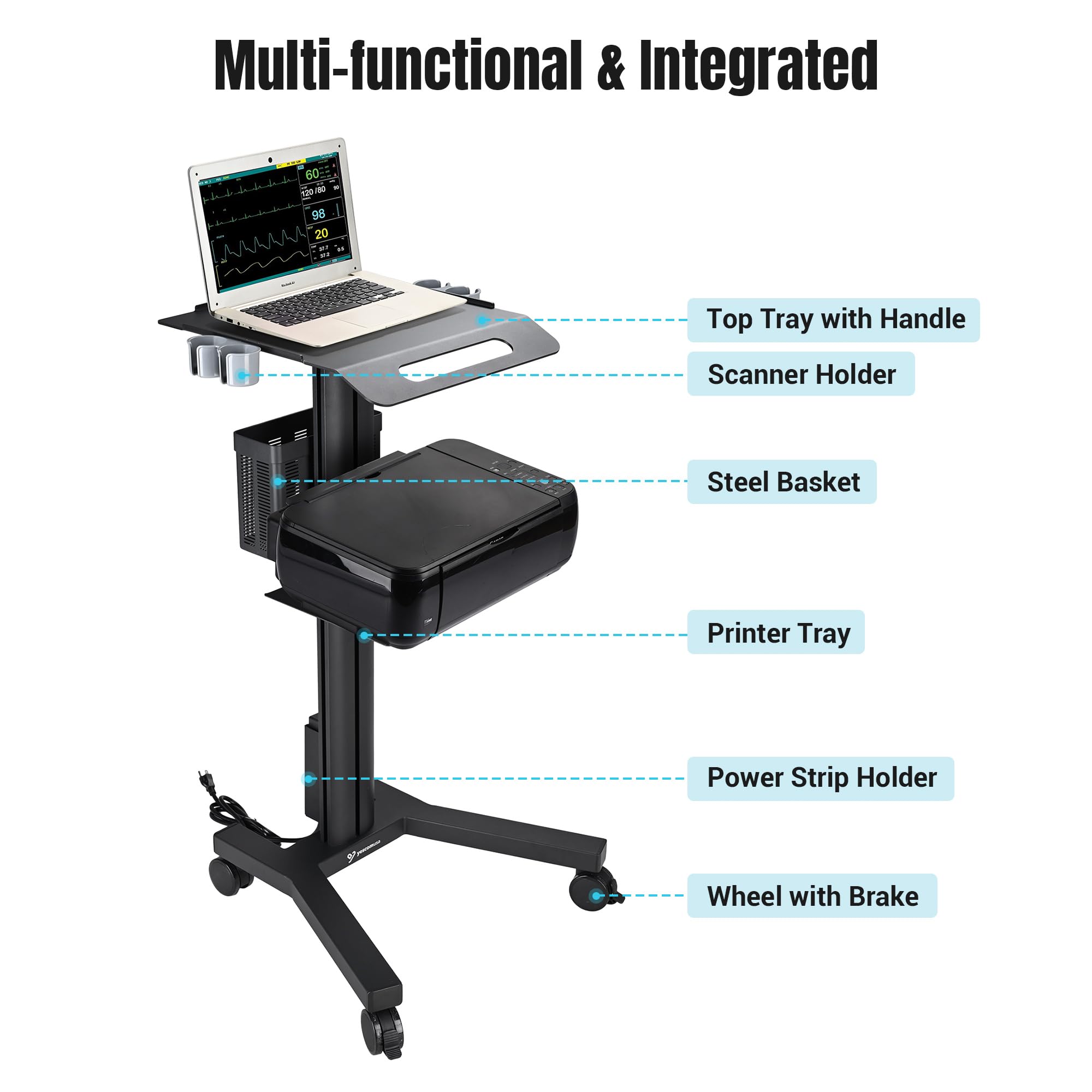 Mobile Laptop Cart Medical Rolling PC Stand Computer Workstation on Wheels with Handle 220 Lbs Capacity CPU Printer Power Strip Holder for Lap School Office Salon Spa Dental